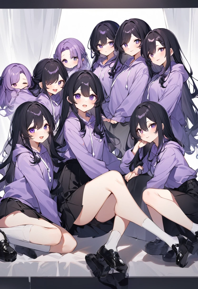 Keito。Purple hoodie。Black Skirt。Purple Eyes。Black Hair。Black shoes下。Black shoes。6 sistery eldest daughter has lavender hair.。all female。Sextuplets