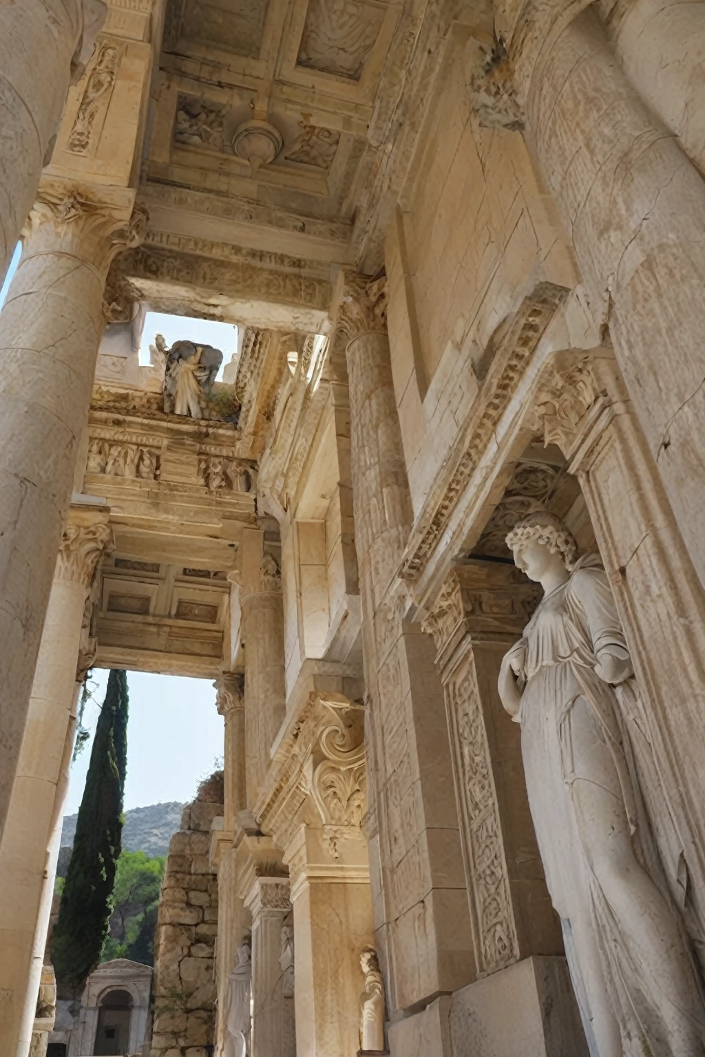 arafed view of a building with a statue and Columns, Roman architecture, Exquisite details, Some marble statues can be seen, Inside ancient Greek ruins, Columns مزخرفة, Old Marble City, Exquisite detailss, White stone temple ruins, Columns من الرخام, Old Library, Nice pic, Columns رومانية, gigantic pristine marble Columns, Epic details, roman Columns, Columns