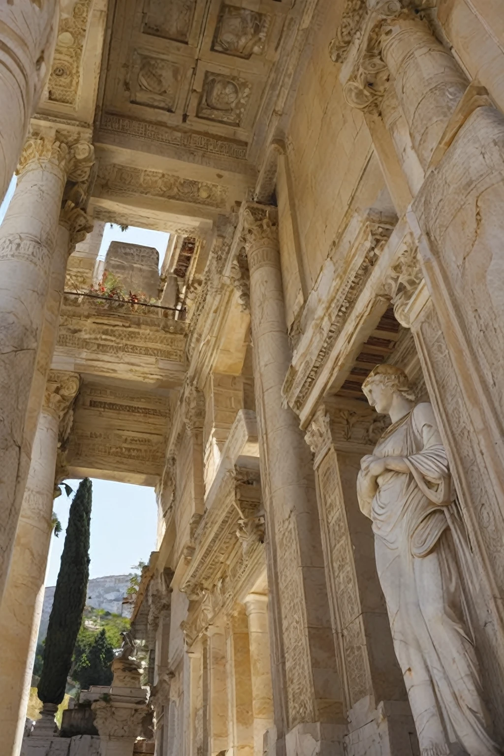 arafed view of a building with a statue and Columns, Roman architecture, Exquisite details, Some marble statues can be seen, Inside ancient Greek ruins, Columns مزخرفة, Old Marble City, Exquisite detailss, White stone temple ruins, Columns من الرخام, Old Library, Nice pic, Columns رومانية, gigantic pristine marble Columns, Epic details, roman Columns, Columns