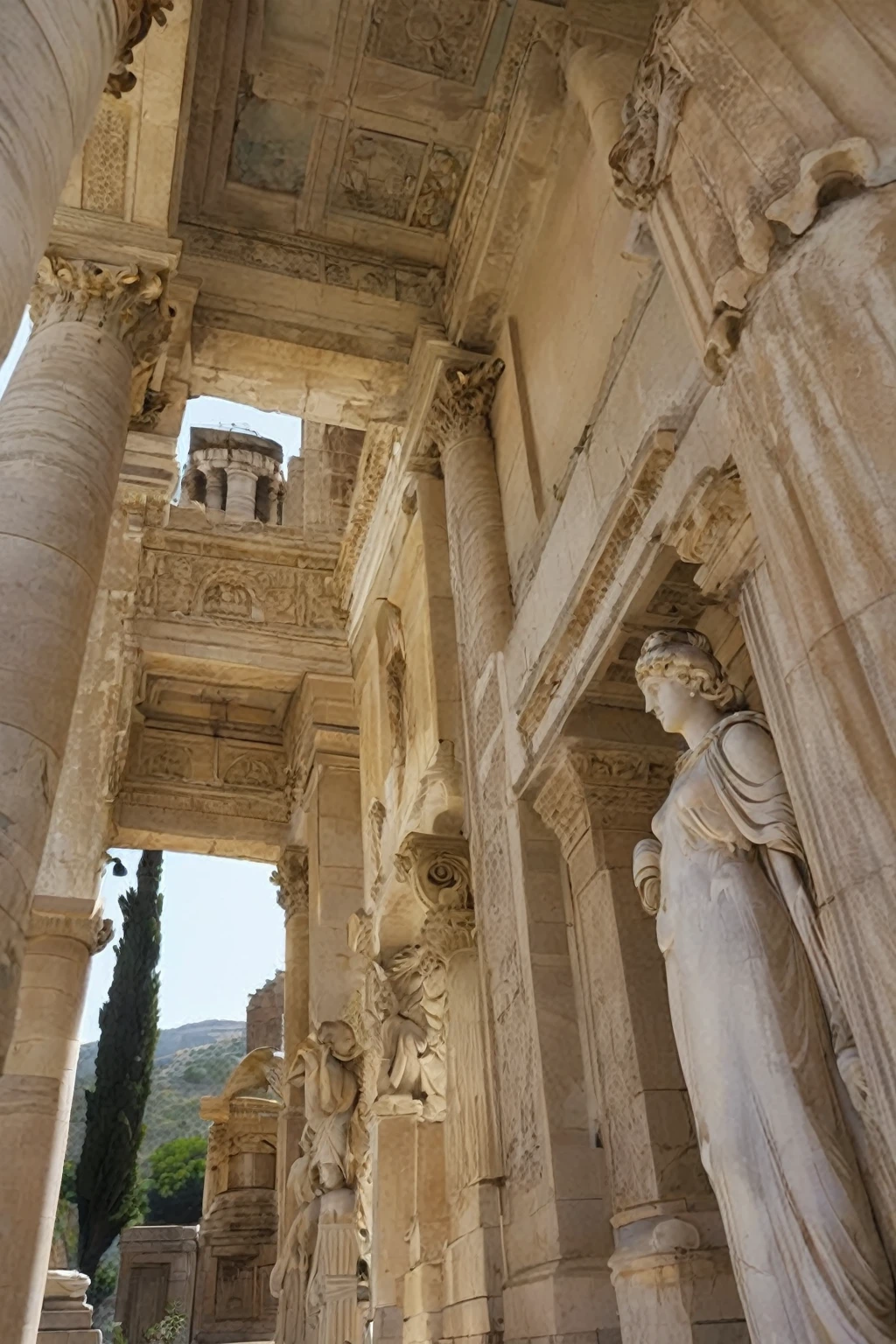 arafed view of a building with a statue and Columns, Roman architecture, Exquisite details, Some marble statues can be seen, Inside ancient Greek ruins, Columns مزخرفة, Old Marble City, Exquisite detailss, White stone temple ruins, Columns من الرخام, Old Library, Nice pic, Columns رومانية, gigantic pristine marble Columns, Epic details, roman Columns, Columns