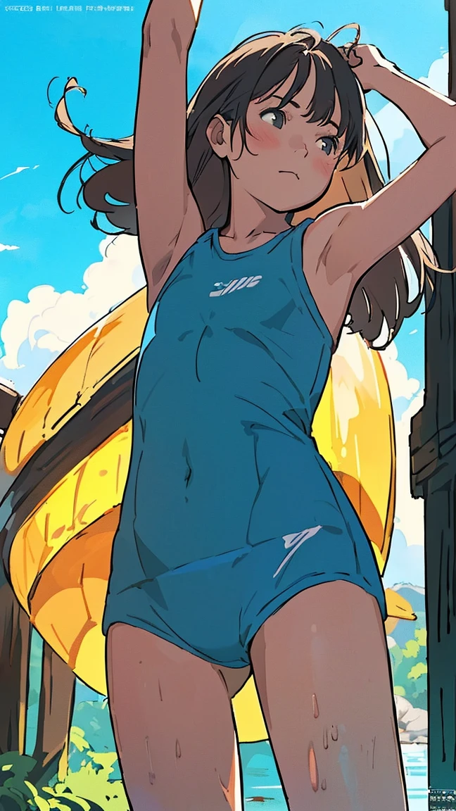 ((High school girl in uniform)), Clear lines, High Sharpness, (Highest quality,8K,Perfect sharpness,Ultra-fine,High resolution,masterpiece:1.2), Perfect Anatomy:1.5, Official Art, Illustrations that tell a story, (Whitish background:0. 9）、Body Positivity、Diverse physical expressions、(Random and strange poses)）、Perfect beauty、Perfect beautiful face、(非常にStrong winds)、Rich expressiveness、Dynamic configuration、Golden ratio composition、colorful、（(color々Different angles and perspectives)）、Anime Drawings、（(Overcoming stereotypes)）、 Glowing Skin、（natureの美）、bangs、Medium Hair、(緑colorの髪の毛:1.5)、（Soft and flowing hair）、（Permed hair）、（(Nostalgic atmosphere)）、（(Playful and easygoing)）、（diverse characters）、（(Graceful posture)）、（Sunny atmosphere）、（vivid color）、Shorts、Brown Hair、A light smile、 ((Emotional))、bangs、natureな反応、Summer clothing、(Braided hair)、Show off your thighs、Strong winds、hilarious pose、(Country Road)、Outdoor、nature、(Angle from below)、{{Small boat tide}}, {Daylight Saving Time Rendering}, 輝く空colorの瞳, Long blonde hair, Medium Chest, Blue one piece swimsuit, Expose your shoulders, barefoot, School Swimsuit, Inside the shell, (上面shape:1.2),(A face waiting for a kiss:1.3), (blush:1.5), One Girl, alone,so beautiful, Highest quality, Great quality, curated, shape, Very detailed, Anime Coloring,close up face BREAK Very detailed, Official Art
