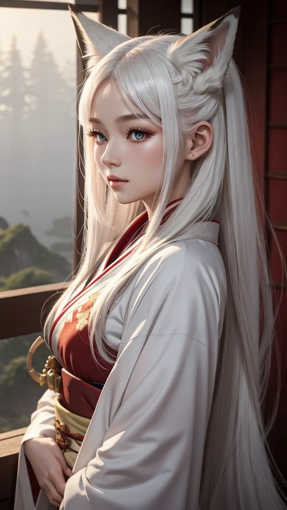 "A young woman, 20 years old, wearing a fantastical Japanese kimono with a predominantly white color. She has fox ears on her head, no human ears, and long white hair. Her eyes are a striking red, and she has a subtle red blush on her cheeks. From the hem of her kimono, a long fox tail gracefully extends. The scene is set in a misty, magical background with a cinematic feel, high-definition, as if enveloped in a dreamlike fog."