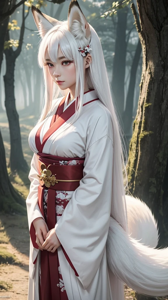 "A young woman, 20 years old, wearing a fantastical Japanese kimono with a predominantly white color. She has fox ears on her head, no human ears, and long white hair. Her eyes are a striking red, and she has a subtle red blush on her cheeks. From the hem of her kimono, a long fox tail gracefully extends. The scene is set in a misty, magical background with a cinematic feel, high-definition, as if enveloped in a dreamlike fog."