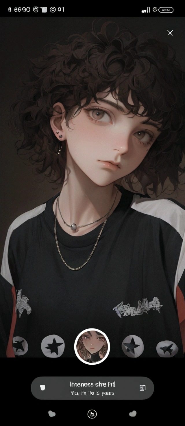 a close-up of a woman with a necklace, portrait of , androgynous, androginy, about 19 years old, portrait androgynous girl, androgynous person, androgynous face, she is wearing streetwear, beautiful androgynous girl, short brown curly hair, eyes browns, piercings