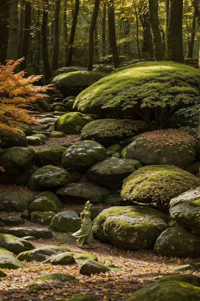 A whimsical miniature figure composed
of delicately arranged autumn leaves,
poised in a carefree dance on the rim of a weathered, moss-covered terracotta pot, set against a lush, vibrant forest backdrop, where dappled sunlight filters through the canopy above, casting intricate shadows. The overall aesthetic is ethereal, with warm, earthy tones of sienna, umber, and olive green, infused with hints of emerald and golden light, evoking a sense of wonder and enchantment, as if plucked from a fantastical realm.