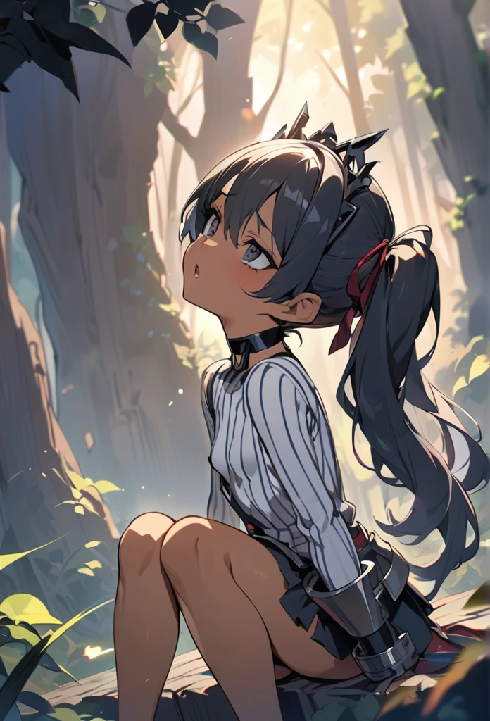 (anime style),masterpiece, best quality, extremely detailed,10Years old,tanned skin,dark skin, Beautiful body,small flat breasts,BREAK,multicolored colorful black hair,shaggy hair,long hair,long ponytails hair,BREAK,black eyes,black choker,dignified face,disgust,glare at,open mouth,detailed lips,,BREAK,with vertical stripes sweater,tiara,ripped Princess knight heavy armor,micro skirt,break,head tilt,in the woods Night,hands on legs,up half knee,ivy clinging to the body,arching back,shackles and cords