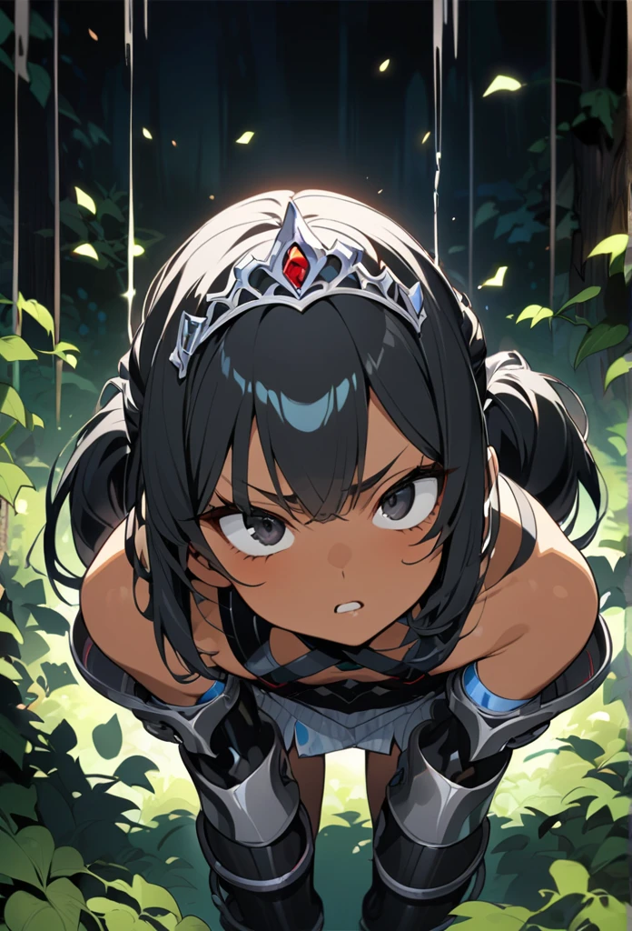 (anime style),masterpiece, best quality, extremely detailed,10Years old,tanned skin,dark skin, Beautiful body,small flat breasts,BREAK,multicolored colorful black hair,shaggy hair,long hair,long ponytails hair,BREAK,black eyes,black choker,dignified face,disgust,glare at,open mouth,detailed lips,,BREAK,with vertical stripes sweater,tiara,ripped Princess knight heavy armor,micro skirt,break,head tilt,in the woods Night,hands on legs,up half knee,ivy clinging to the body,arching back,shackles and cords