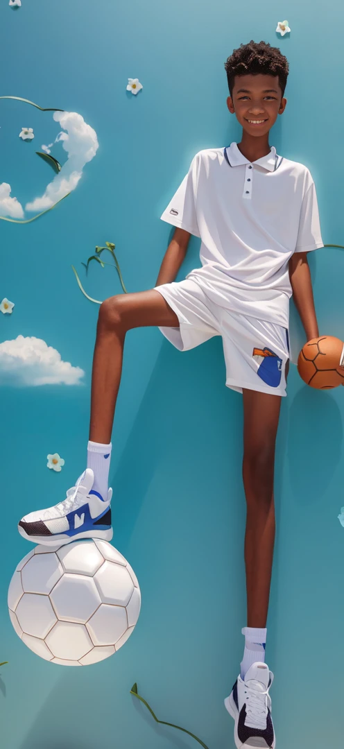 14 year old boy,(Wearing white tennis clothes,Wearing green socks),Dark skin,Big round eyes,Very short hair,Tall and skinny,Toothy Smile,Sharpen details,Knee muscle lines,Blue Background,Hold a bouquet of flowers in your hand