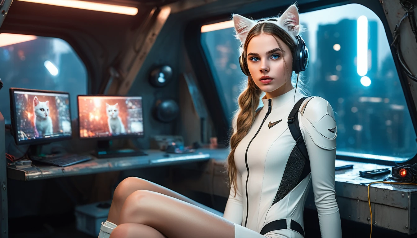 White girl, sitting on a bed, in a cyberpunk steel bunker with hatches etc., room has a window looking out into space in the background. she is wearing white cats ears. She has twintail hairstyle. 18 years old girl, slim , small girl, beautiful breasts. Masterpiece, 8k, 4k, high resolution, dslr, ultra quality, sharp focus, tack sharp, dof, film grain, Fujifilm XT3, crystal clear, 8K UHD, beautiful eyes with very large Dilated pupils, high detailed skin, skin pores, seductive, look, bewitching lady with beautiful long hair, full lips, long legs, lovely face wearing torn vaultsuit clothes. , realistic colors, realistic, photorealistic