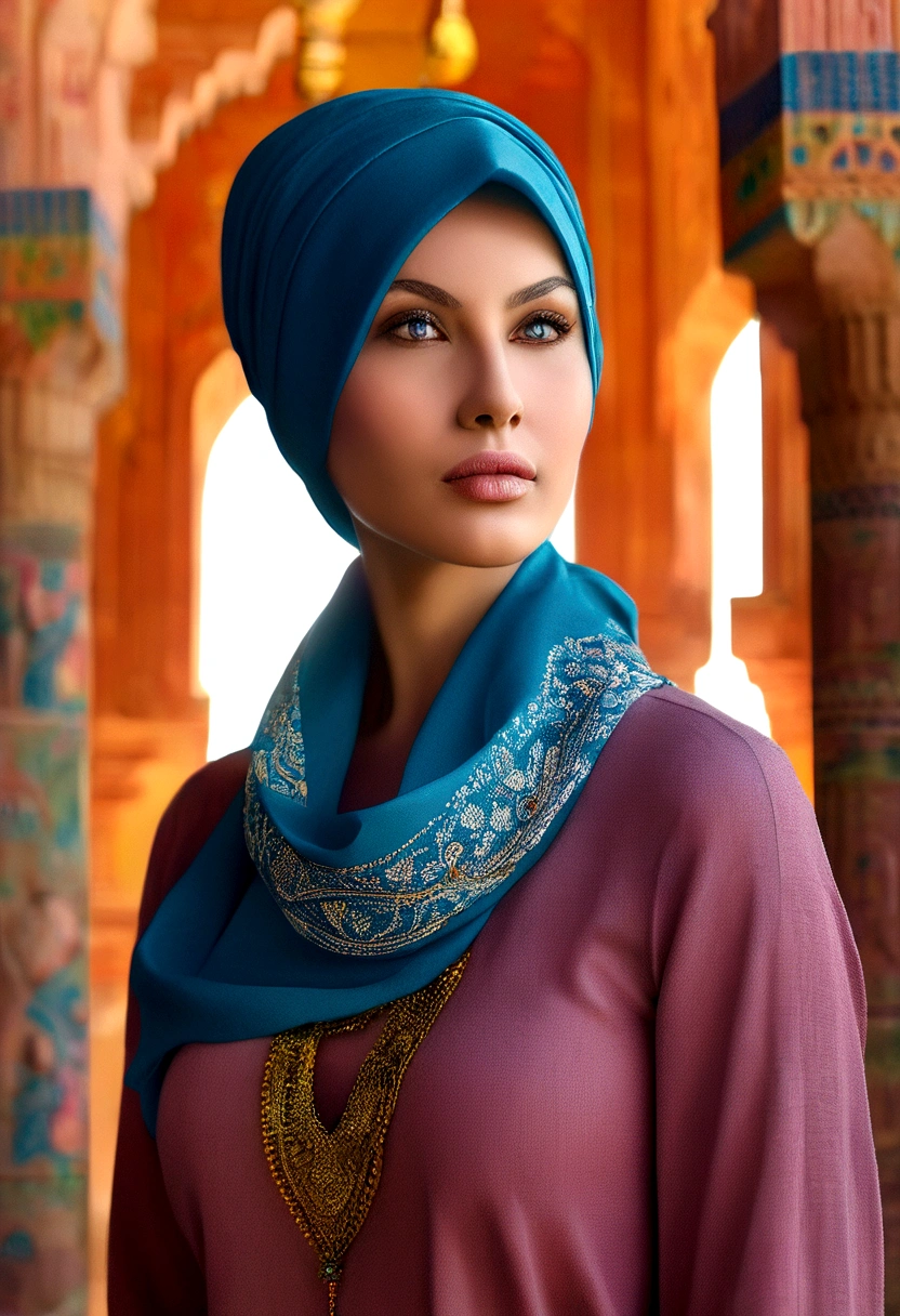 stunning detailed portrait of a woman wearing a headscarf, beautiful intricate hijab, serene expression, standing in front of a towering Iranian mullah figure nude, dramatic architectural backdrop, ornate traditional Iranian architecture, warm light, vibrant colors, cinematic composition, photorealistic, masterpiece, (best quality,8k,hyperrealistic,ultra-detailed:1.2),(realistic,photo-realistic:1.4),award winning portrait photography
