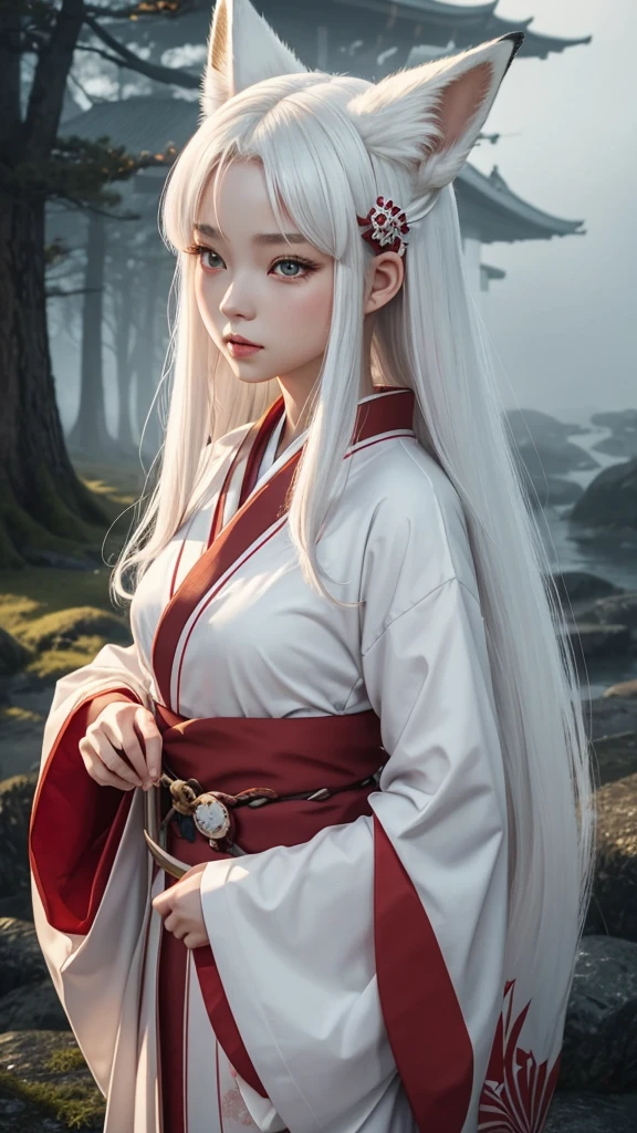 "A young woman, 20 years old, wearing a fantastical Japanese kimono with a predominantly white color. She has fox ears on her head, no human ears, and long white hair. Her eyes are a striking red, and she has a subtle red blush on her cheeks. From the hem of her kimono, a long fox tail gracefully extends. The scene is set in a misty, magical background with a cinematic feel, high-definition, as if enveloped in a dreamlike fog."