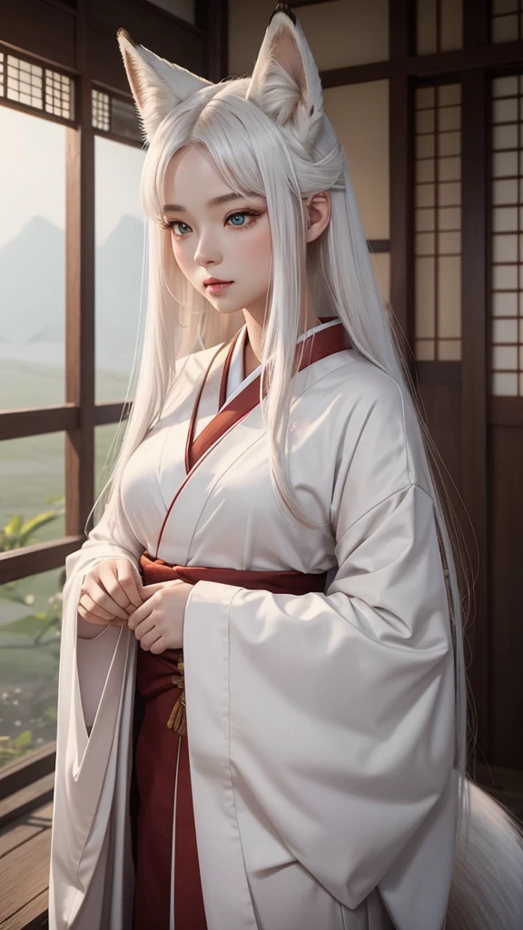 "A young woman, 20 years old, wearing a fantastical Japanese kimono with a predominantly white color. She has fox ears on her head, no human ears, and long white hair. Her eyes are a striking red, and she has a subtle red blush on her cheeks. From the hem of her kimono, a long fox tail gracefully extends. The scene is set in a misty, magical background with a cinematic feel, high-definition, as if enveloped in a dreamlike fog."