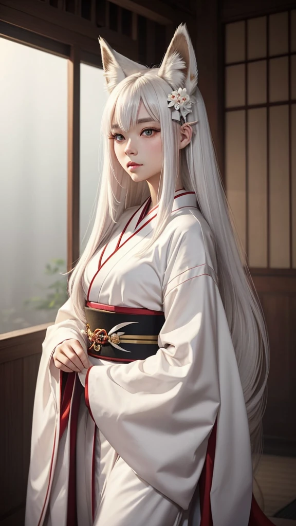 "A young woman, 20 years old, wearing a fantastical Japanese kimono with a predominantly white color. She has fox ears on her head, no human ears, and long white hair. Her eyes are a striking red, and she has a subtle red blush on her cheeks. From the hem of her kimono, a long fox tail gracefully extends. The scene is set in a misty, magical background with a cinematic feel, high-definition, as if enveloped in a dreamlike fog."