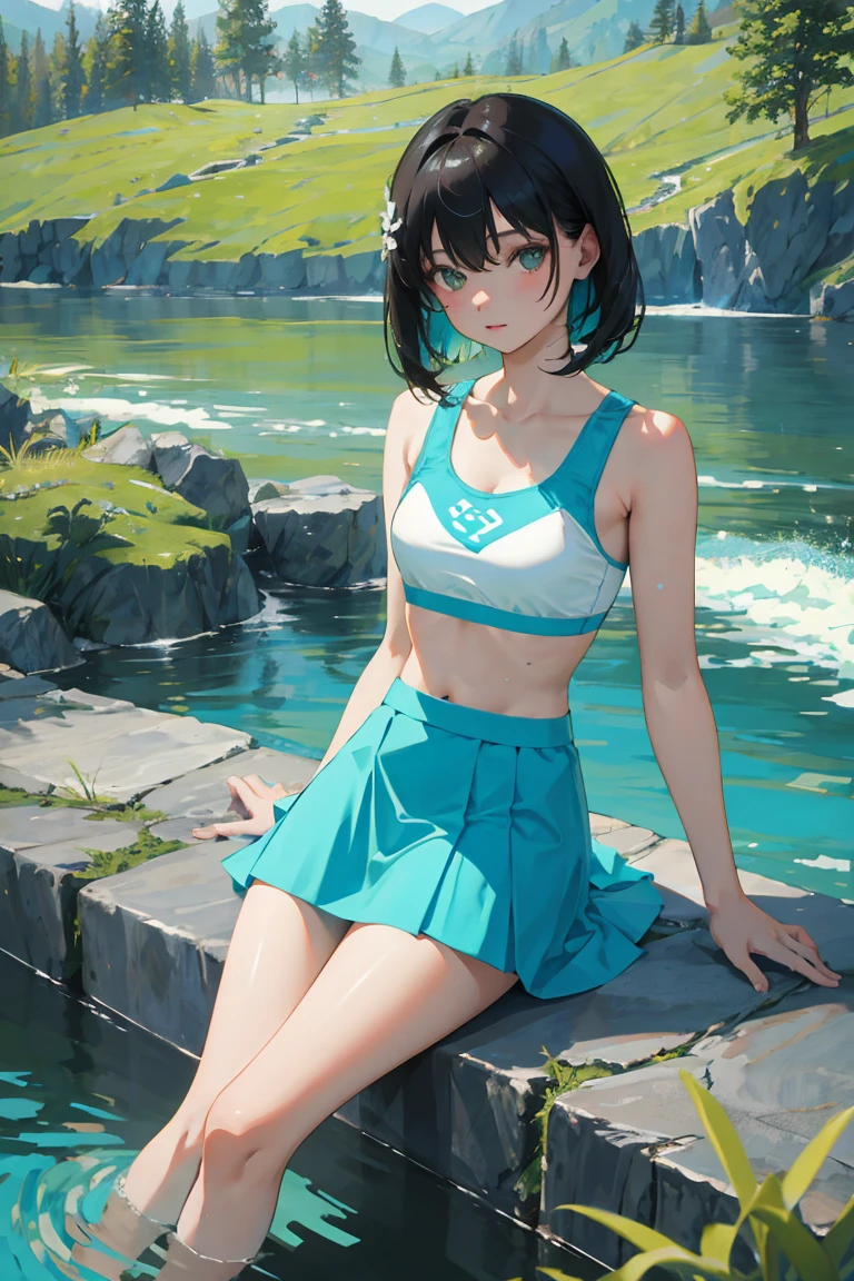 ,(masterpiece,Highest Quality),Turquoise skirt,Sportsbra,Pasture,A dark-haired,playing in the water, 13 years old