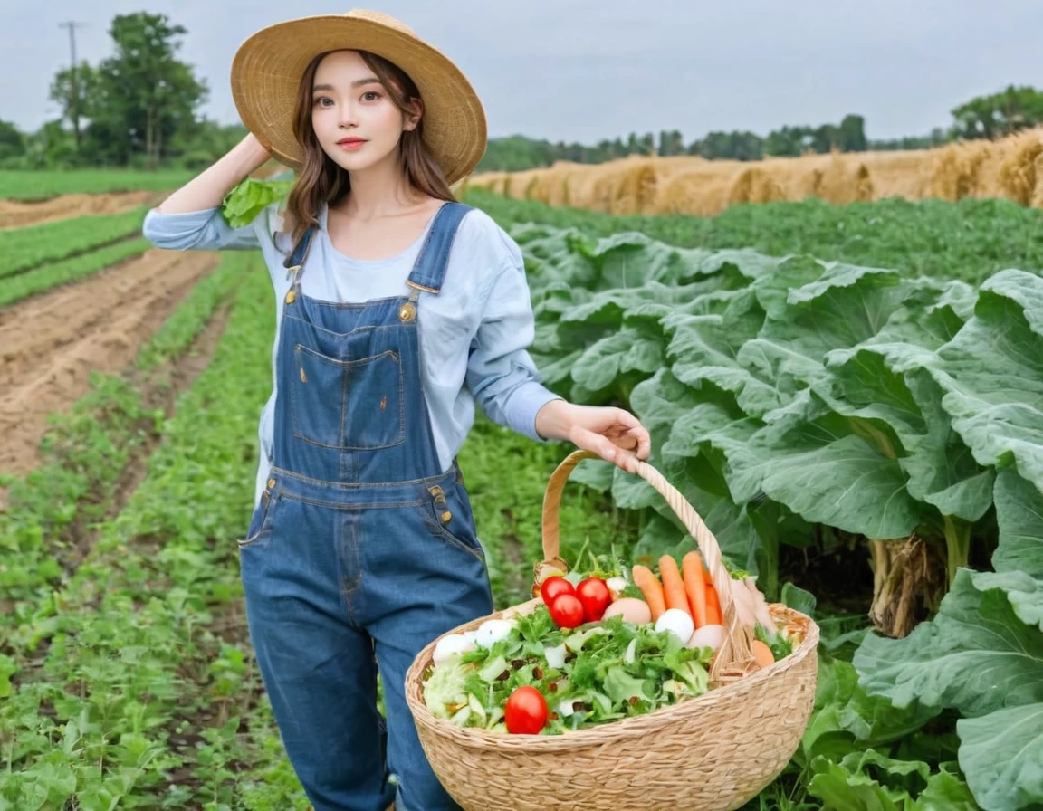 Farm-style salad with fresh vegetables and boiled eggs　a girl,elf 1.7meters, 45kg,flat chest, (straw hat,towel around neck,denim overalls,,oversized long sleeve shirt,work gloves)