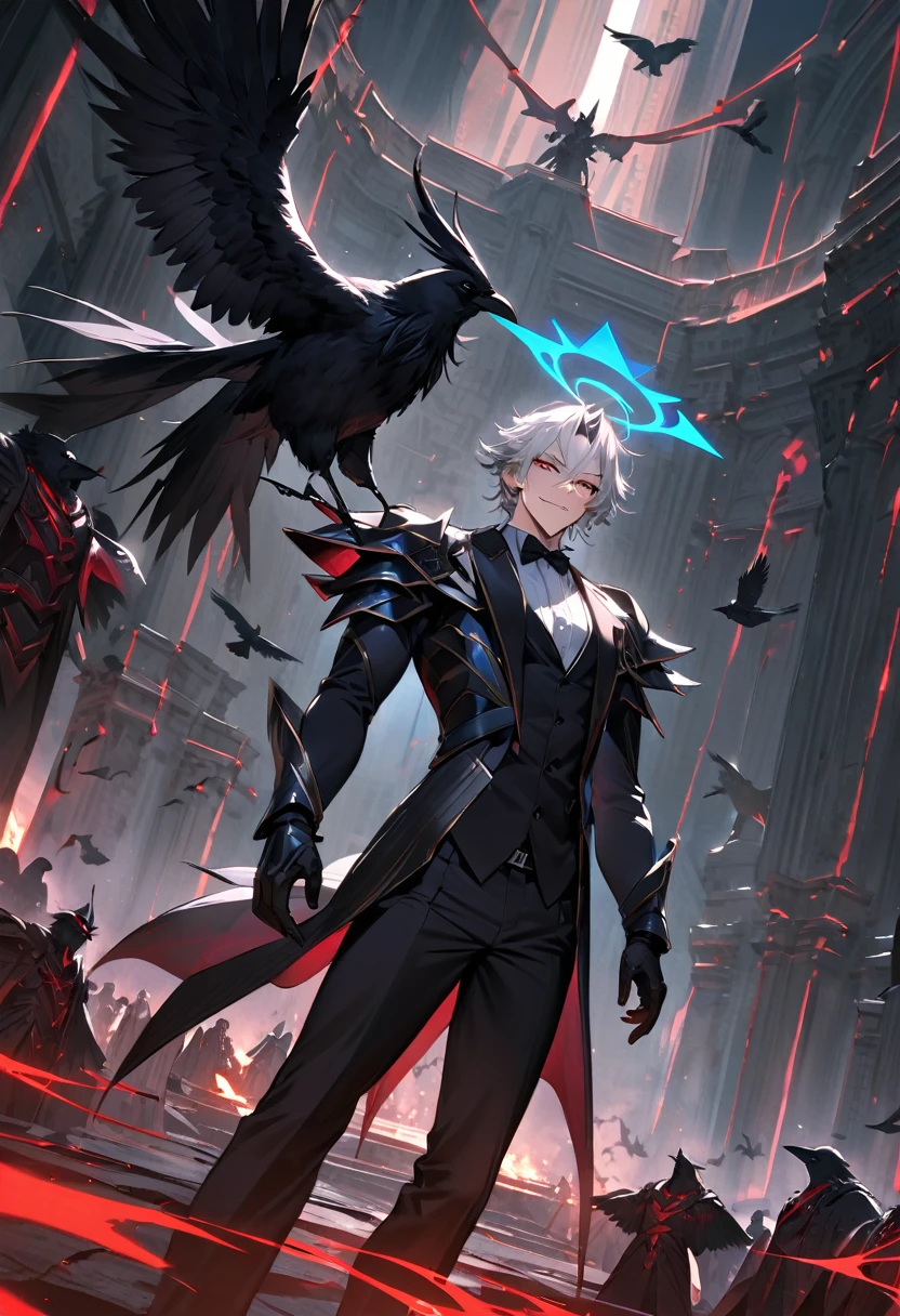 (best quality, masterpiece, ultra highres, ultra-detailed:1.2) ,Mastema the male angel,handsome face,with demonic legions,black wings like a crow,white hair, blue angel-halo,demonic,tuxedo shaped armor,(use the dark magic),nihil smile,devil's temple,(crow:1.2),fantastic atmosphere,magnificent,dynamic angle,