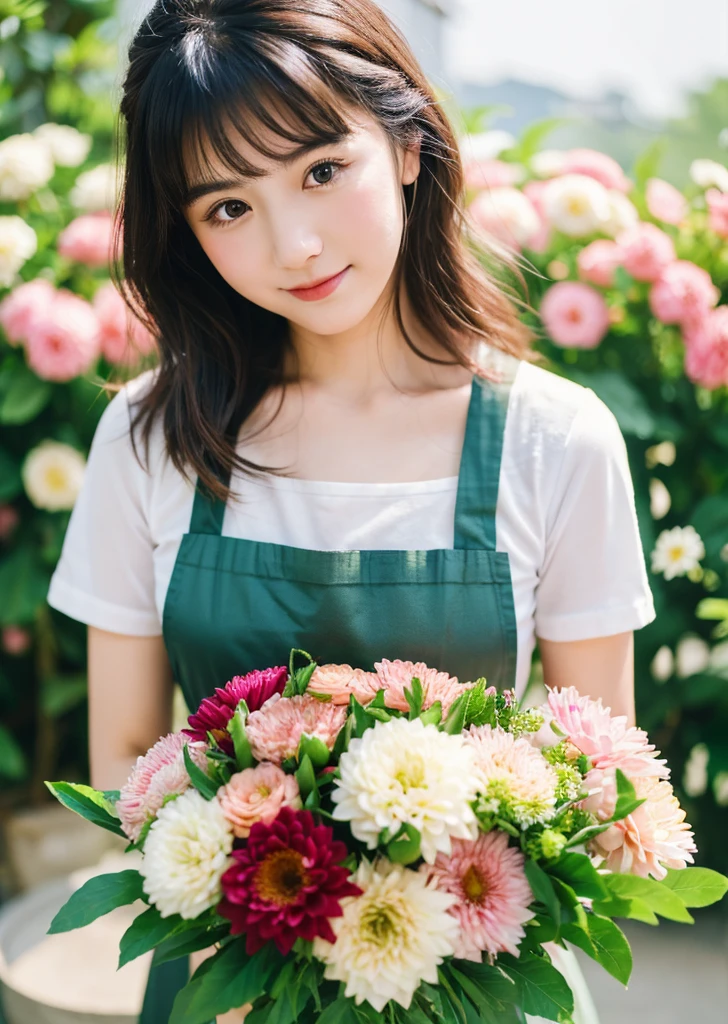 (Realistic, photo-Realistic:1.37),(8K, RAW Photos, Highest quality, masterpiece:1.2), cute, Ultra-detailed, 超High resolution, Kodak Vision Color, Filmed with an Arricam LT camera,Highest quality, Lively, 8K, High resolution, 1 girl, Escape, (Professional Lighting), (Portraiture:0.6), Black Hair, (Medium Hair),22 years old、loristさん、Wear an apron、Make a bouquetlorist、Surrounded by lots of flowers、Dahlia、Gorgeous bouquet、
