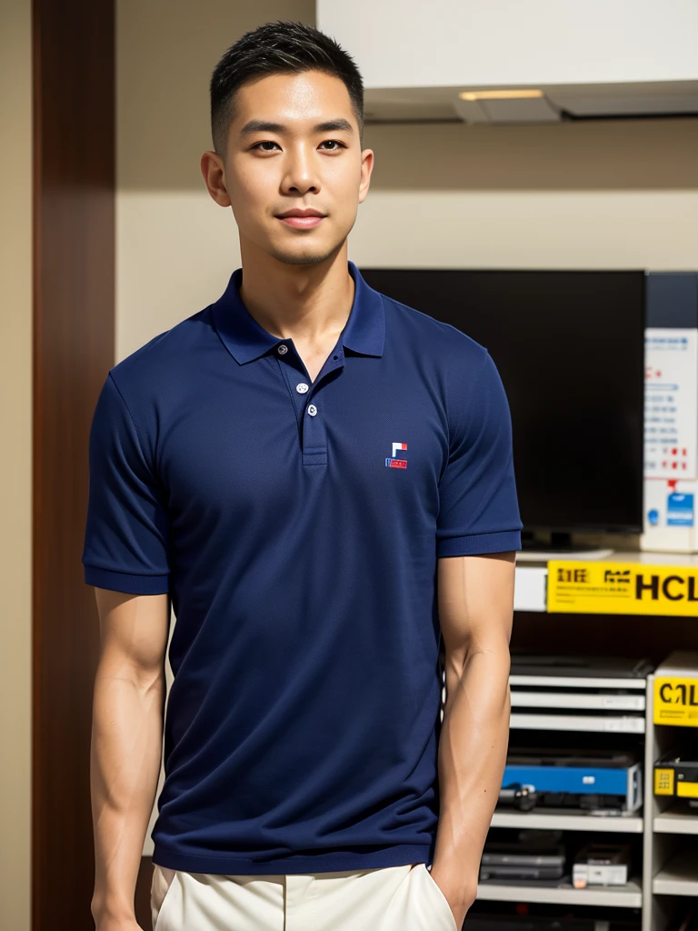 (Create a masterpiece: 1.2),(CGI art:1.3),(realistic:1.5),(After processing:1.3),(Sharp focus:1.3),10,1 man, smile, (Wear a navy polo shirt...), Navy cargo pants, Korean guy , korean men, (High gloss details), chest muscles, large arm muscles, blood vessel, Big muscles, Broad shoulders, looking at the audience, Balancing the eyes, tv, supermarket, (Make eye contact