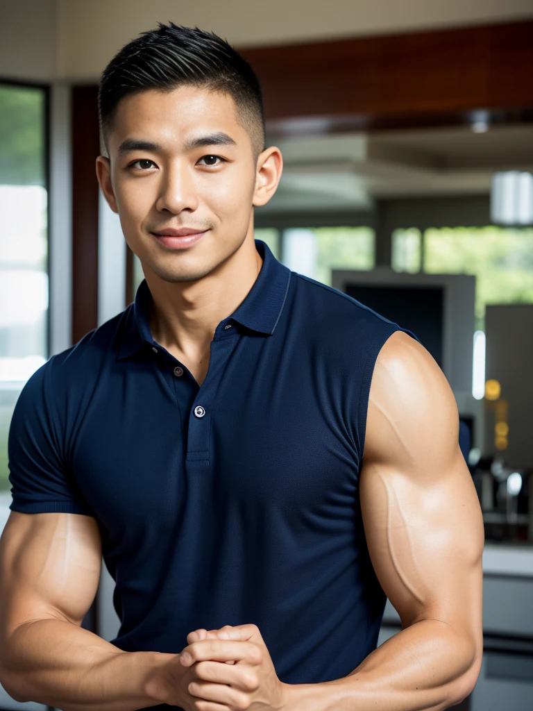 (Create a masterpiece: 1.2),(CGI art:1.3),(realistic:1.5),(After processing:1.3),(Sharp focus:1.3),10,1 man, smile, (Wear a navy polo shirt...), Navy cargo pants, Korean guy , korean men, (High gloss details), chest muscles, large arm muscles, blood vessel, Big muscles, Broad shoulders, looking at the audience, Balancing the eyes, tv, supermarket, (Make eye contact