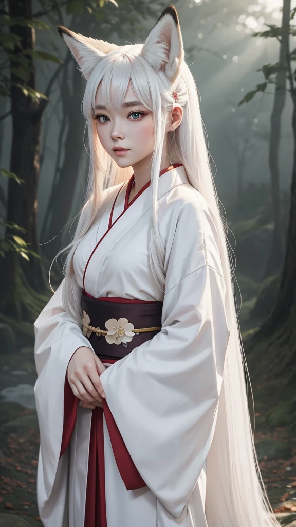 "A young woman, 20 years old, wearing a fantastical Japanese kimono with a predominantly white color. She has fox ears on her head, no human ears, and long white hair. Her eyes are a striking red, and she has a subtle red blush on her cheeks. From the hem of her kimono, a long fox tail gracefully extends. The scene is set in a misty, magical background with a cinematic feel, high-definition, as if enveloped in a dreamlike fog."