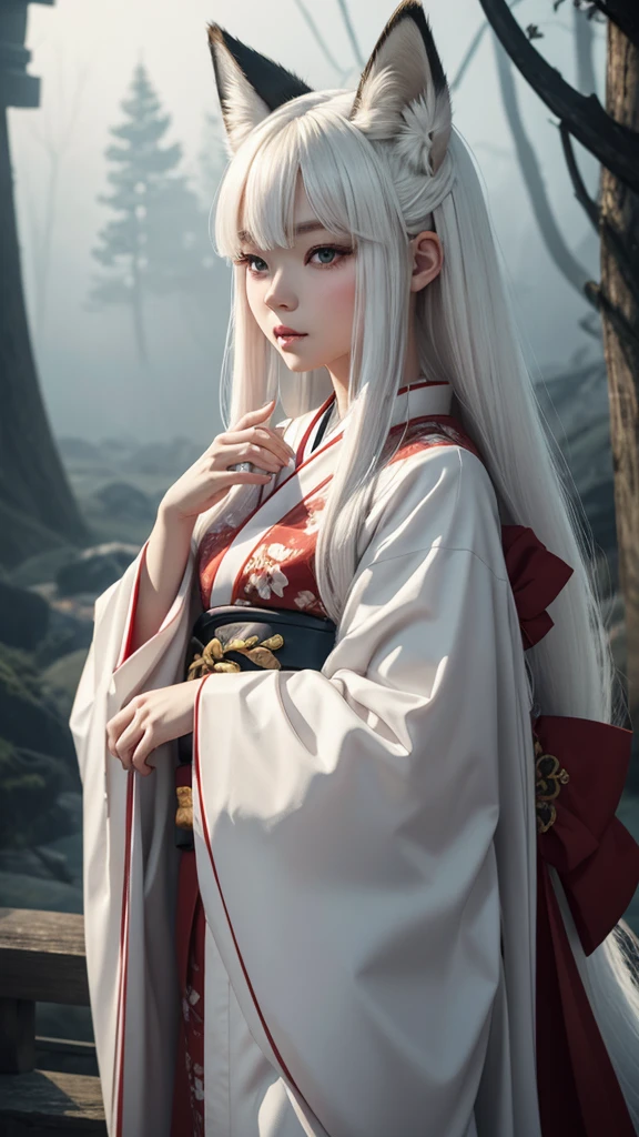 "A young woman, 20 years old, wearing a fantastical Japanese kimono with a predominantly white color. She has fox ears on her head, no human ears, and long white hair. Her eyes are a striking red, and she has a subtle red blush on her cheeks. From the hem of her kimono, a long fox tail gracefully extends. The scene is set in a misty, magical background with a cinematic feel, high-definition, as if enveloped in a dreamlike fog."