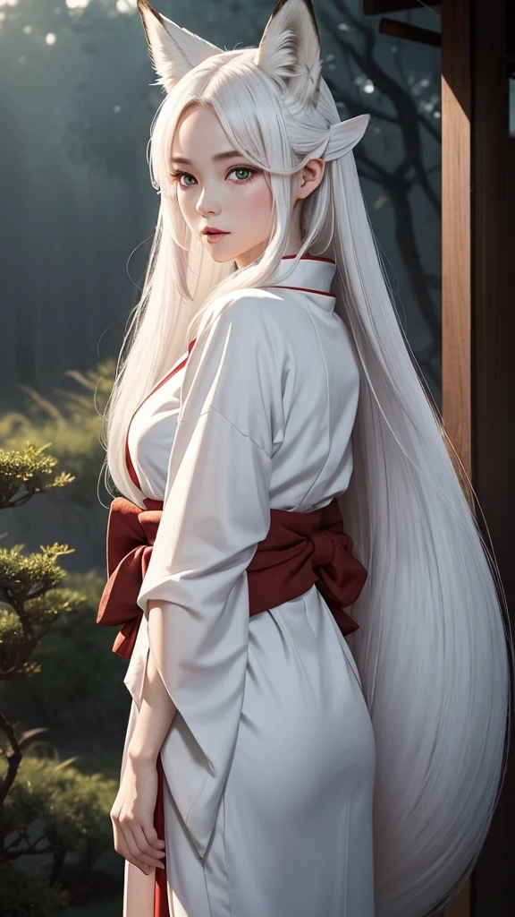 "A young woman, 20 years old, wearing a fantastical Japanese kimono with a predominantly white color. She has fox ears on her head, no human ears, and long white hair. Her eyes are a striking red, and she has a subtle red blush on her cheeks. From the hem of her kimono, a long fox tail gracefully extends. The scene is set in a misty, magical background with a cinematic feel, high-definition, as if enveloped in a dreamlike fog."