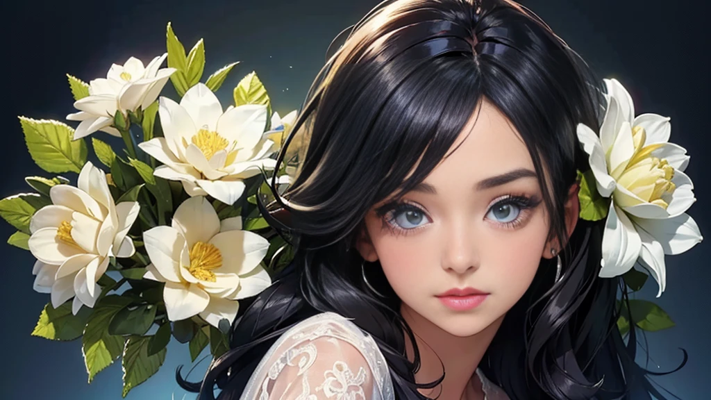 Woman and bouquet,She looked at me with such beautiful and kind eyes..Schneider Pastel Ink Details, Soft and wonderful, fluffy, (Very nice and beautiful), (Perfect detail)、(pastel colour),Soft texture:1.2.(Tabletop, Highest quality), (Beautiful, detailed eyes), (Detailed eyes and face),(Jet black silky hair), The colour is noticeably brighter.A faintly blurred silhouette