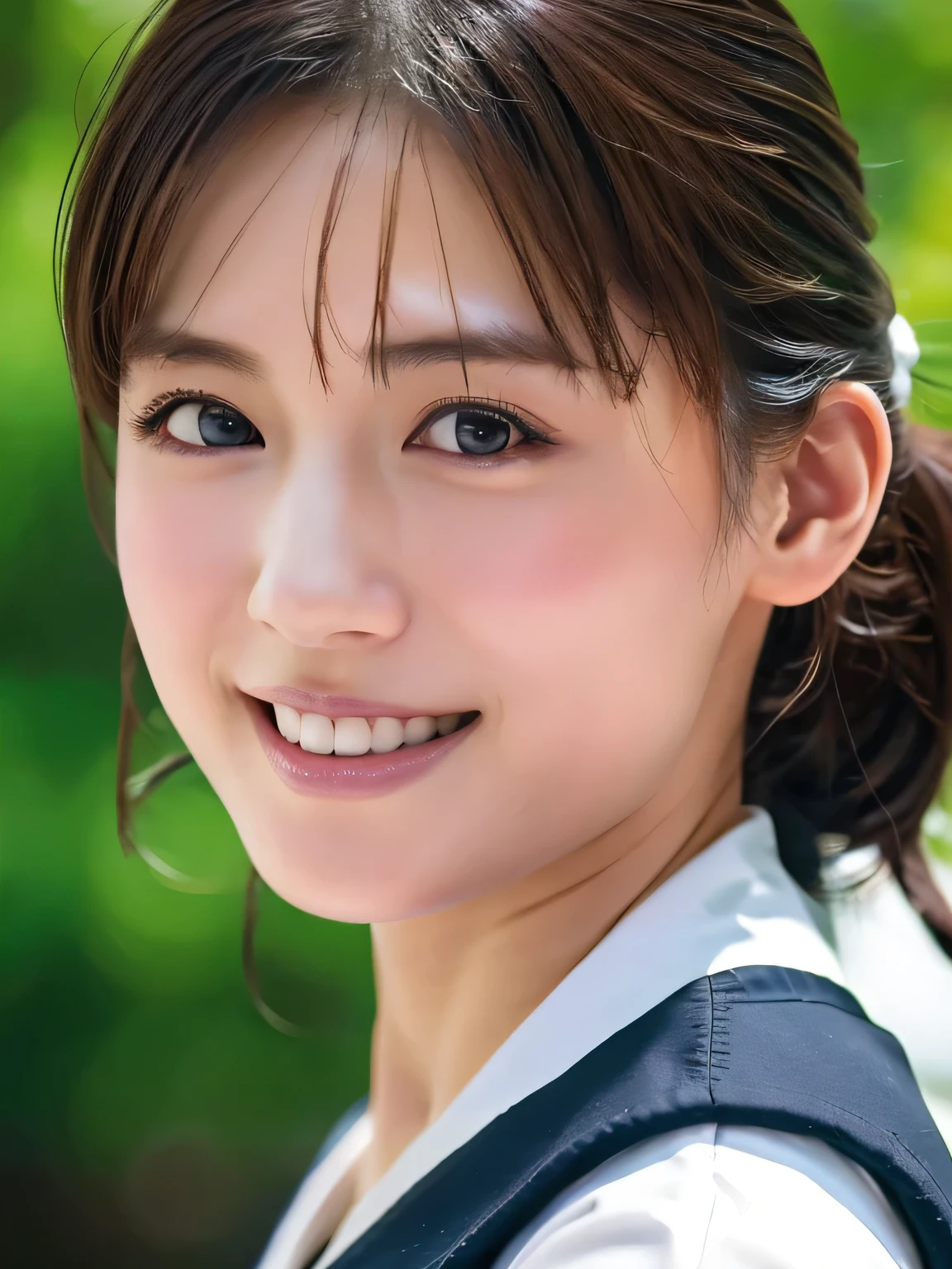 Top quality, 1 beautiful woman, Sunlight, ((masterpiece, Highest quality, High resolution)), (look back:1.3), 1 girl, smile, (Realistic: 1.4), Great face, , Medium Hair, (Beautiful Hair:1.5), Sailor suit, The background is a school building, Side angle, (Close-up of face:1.3), Smooth, Highly detailed CG composite 8K wallpaper, High resolution RAW color photos, Professional photography, Light, BackLight, dream-like, impressive, Written boundary depth