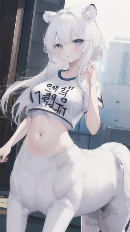 (best quality, masterpiece), 1 girl, centaur, It takes, White skin, Korean , exposing the abdomen,belly button t-shirt, 아름다운 소녀 perfect white tiger photo, perfect white tiger photo