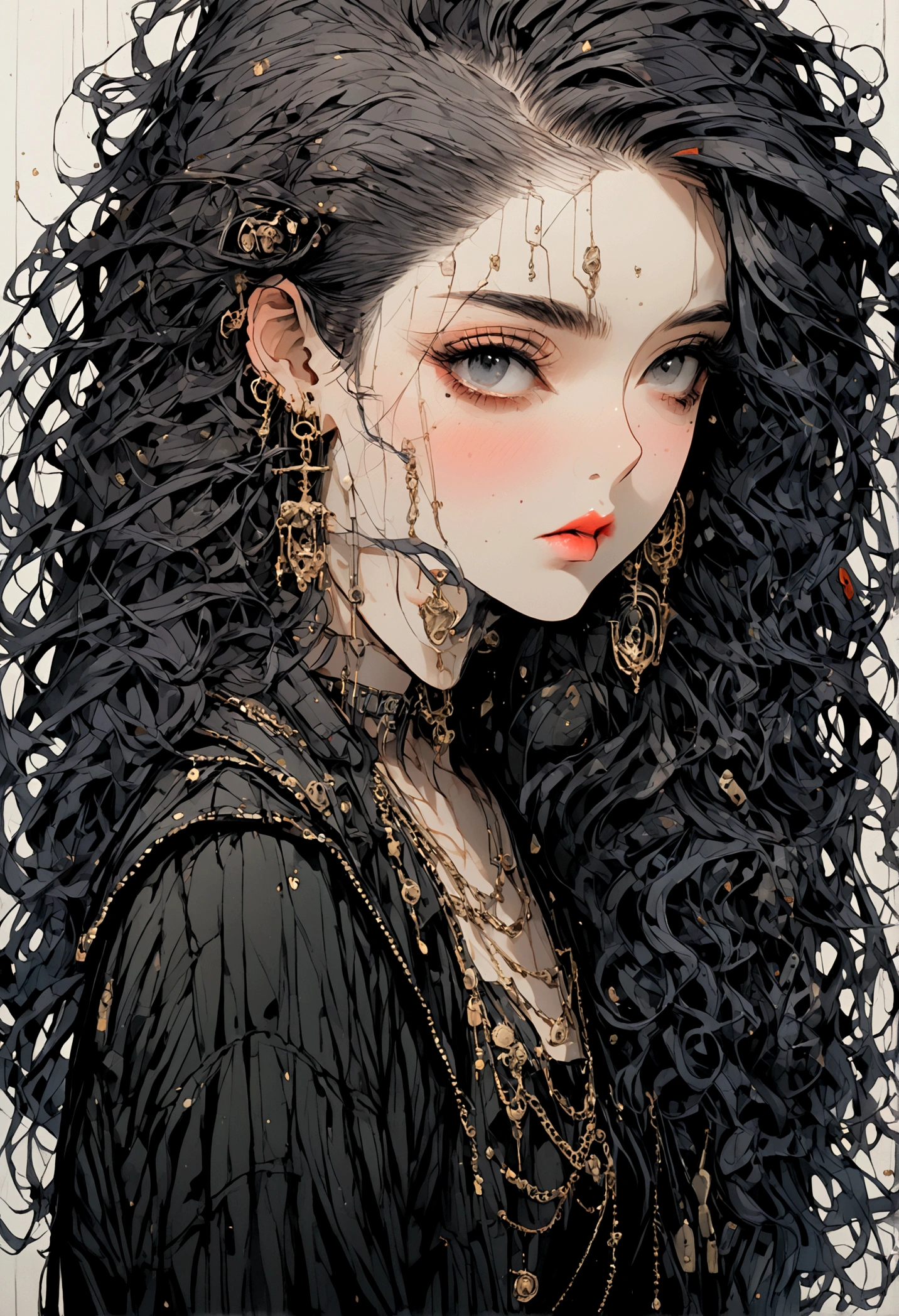 (masterpiece, Highest quality, 8K, Master Paでtでg), ((front でiew, Front Face, Front Face, lookでg at でiewer)), Punk woman with long curly dark hair, tobacco, Smoke comes out of the mouth, Dressed in punk goth clothing, Putting on Goth Makeup, alone, alone, black eyeliner, (alone)(alone), Exquisite gold earrings, Shaved undercut
