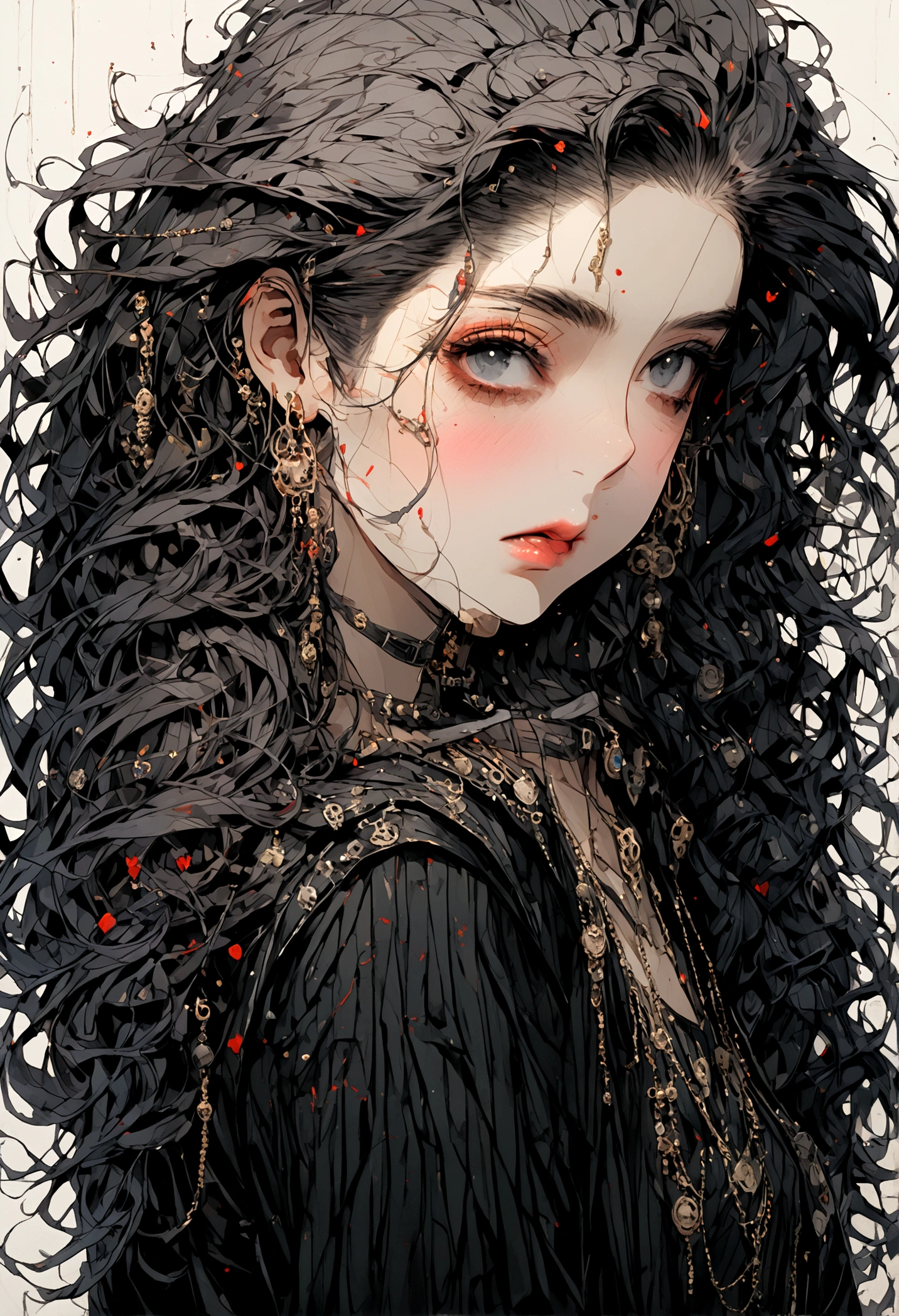 (masterpiece, Highest quality, 8K, Master Paでtでg), ((front でiew, Front Face, Front Face, lookでg at でiewer)), Punk woman with long curly dark hair, tobacco, Smoke comes out of the mouth, Dressed in punk goth clothing, Putting on Goth Makeup, alone, alone, black eyeliner, (alone)(alone), Exquisite gold earrings, Shaved undercut