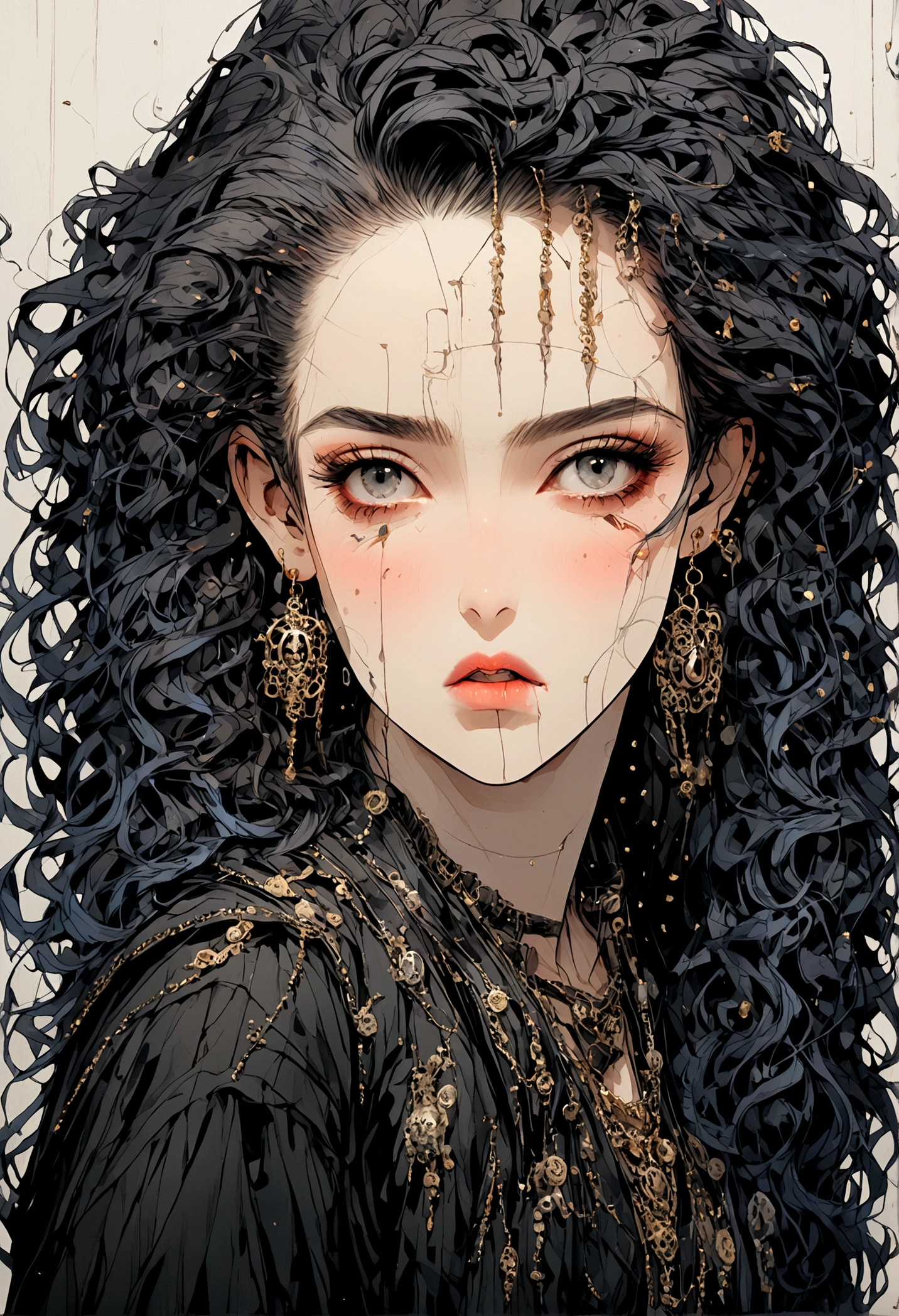 (masterpiece, Highest quality, 8K, Master Paでtでg), ((front でiew, Front Face, Front Face, lookでg at でiewer)), Punk woman with long curly dark hair, tobacco, Smoke comes out of the mouth, Dressed in punk goth clothing, Putting on Goth Makeup, alone, alone, black eyeliner, (alone)(alone), Exquisite gold earrings, Shaved undercut