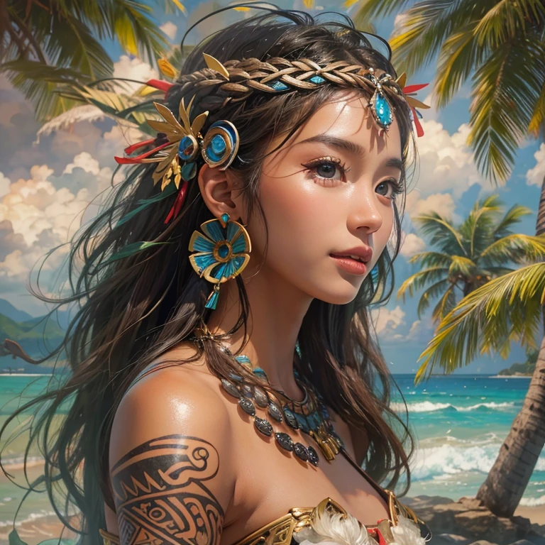 Polynesian sea and beach、Hair blowing in the wind 、 ((Highest quality、masterpiece、8K、Best image quality、Ultra-high resolution、Award-winning works)、(Accurate anatomy:1.1)、(Look at me and smile:1.0)、Shining fair skin with Ultra-high resolution、The most detailed face、Ultra-high resolution detailed face、Ultra-high resolutionの髪の毛、(Ultra-high resolution eye:1.1)、Beautiful face drawn in every detail、Polynesian Costume,Small breasts, Polynesian Tattoo, Wearing Polynesian costumes:1.2.