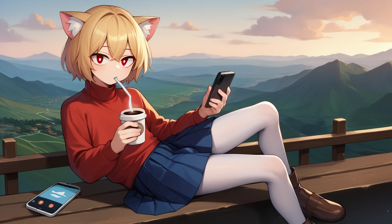 score_9, score_8_up, score_7_up, score_6_up, score_5_up, score_4_up, BREAK, 1boy, solo, necoarc, lit pupils, cat ears, blonde hair, red eyes, :3, turtleneck, blue skirt, pleated skirt, pantyhose, brown footwear, femboy, highlight thighs, landscape, looking at the viewer, drinking coffee, with a cell phone in one hand