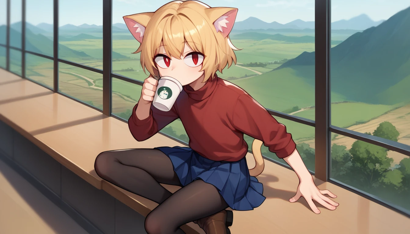 score_9, score_8_up, score_7_up, score_6_up, score_5_up, score_4_up, BREAK, 1boy, solo, necoarc, lit pupils, cat ears, blonde hair, red eyes, :3, turtleneck, blue skirt, pleated skirt, pantyhose, brown footwear, femboy, highlight thighs, landscape, looking at the viewer, drinking coffee, with a cell phone in one hand