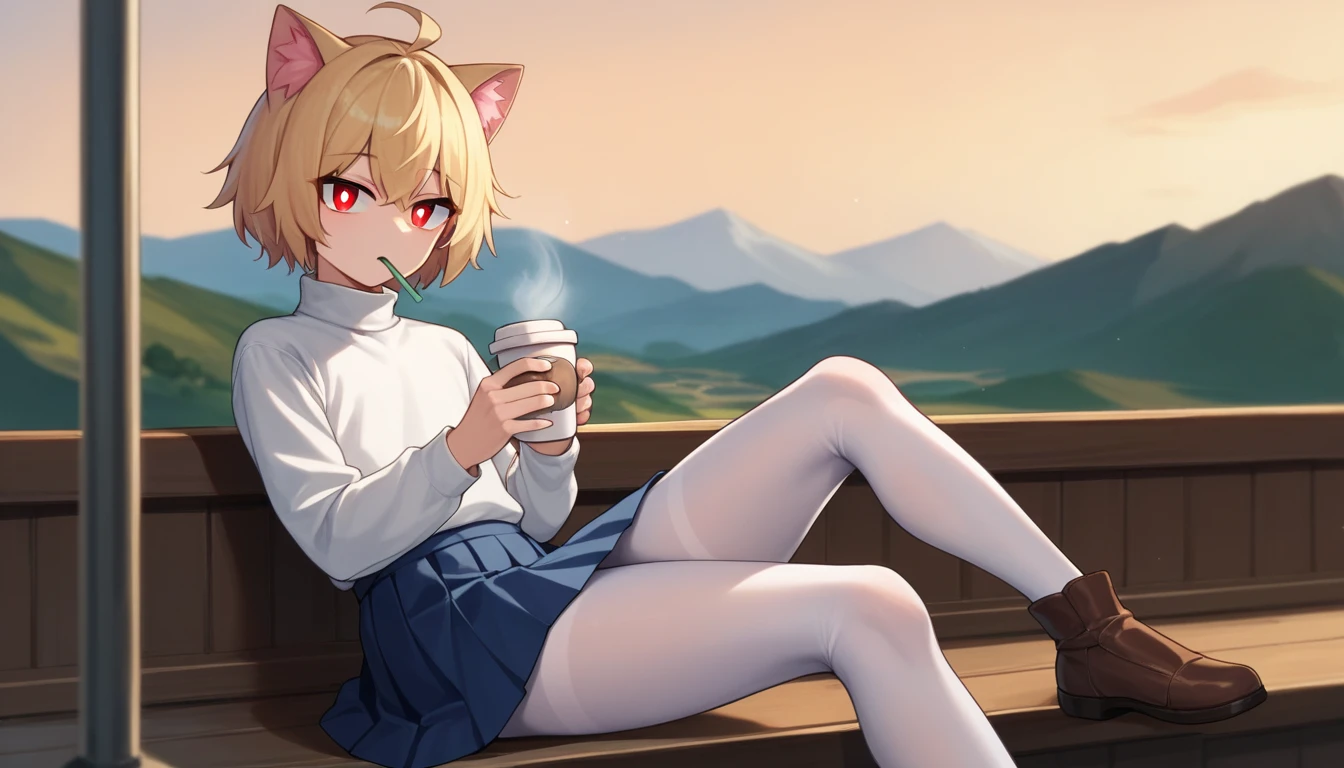 score_9, score_8_up, score_7_up, score_6_up, score_5_up, score_4_up, BREAK, 1boy, solo, necoarc, lit pupils, cat ears, blonde hair, red eyes, :3, turtleneck, blue skirt, pleated skirt, pantyhose, brown footwear, femboy, highlight thighs, landscape, looking at the viewer, drinking coffee, with a cell phone in one hand