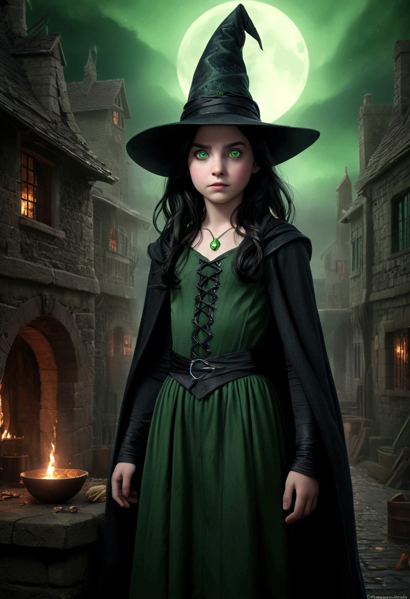 young 9-year-old daughter of severus snape,((highest quality)),(ultra high resolution),(Super detailed),(detailed description),((best CG)),(best work of art) ,black hair, green eyes, "A wicked witch consumed by her insatiable greed for unimaginable powers, A mesmerizing image depicting the dark allure of a greedy witch longing for absolute power, The wicked enchantress, driven by her insatiable appetite for power, her hunger knows no bounds."