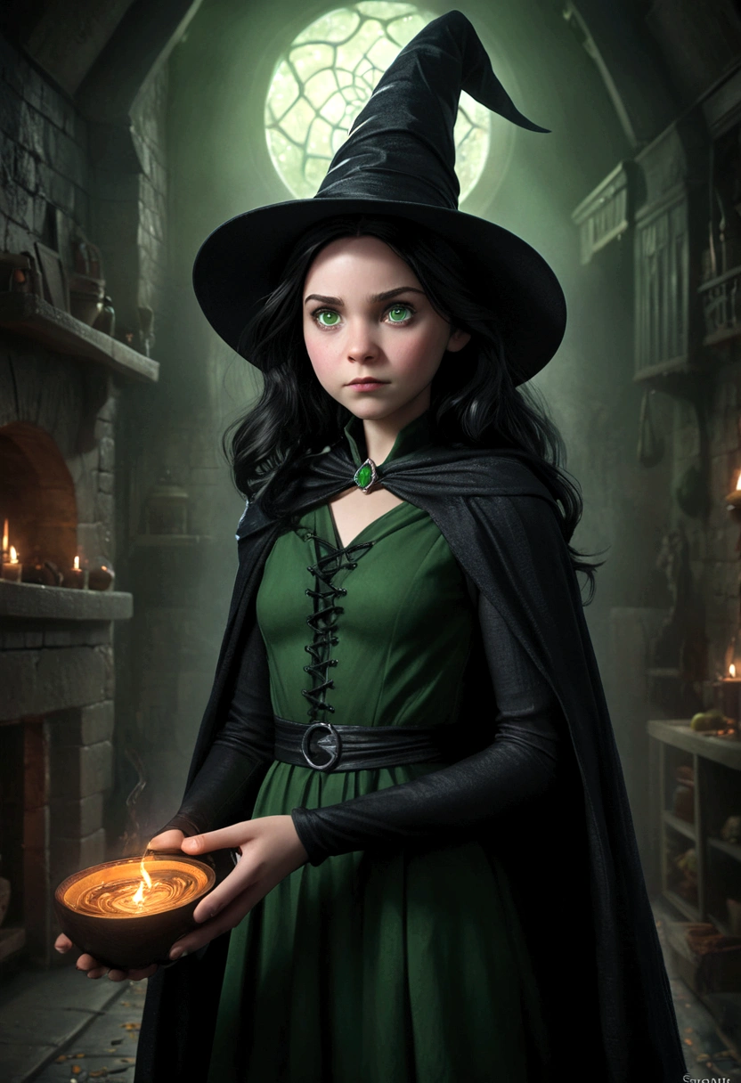 young 9-year-old daughter of severus snape,((highest quality)),(ultra high resolution),(Super detailed),(detailed description),((best CG)),(best work of art) ,black hair, green eyes, "A wicked witch consumed by her insatiable greed for unimaginable powers, A mesmerizing image depicting the dark allure of a greedy witch longing for absolute power, The wicked enchantress, driven by her insatiable appetite for power, her hunger knows no bounds."