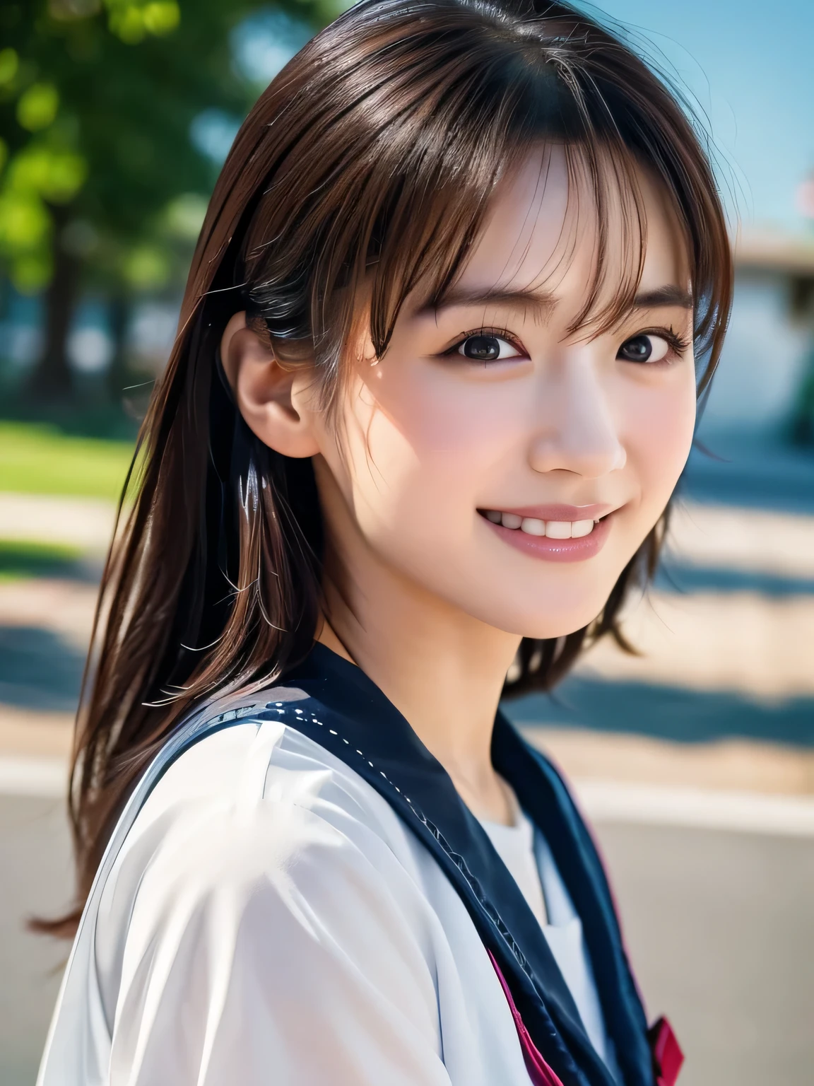 Top quality, 1 beautiful woman, Sunlight, ((masterpiece, Highest quality, High resolution)), (look back:1.3), 1 girl, smile,  (Realistic: 1.4), Great face, 15 years old, Medium Hair, (Beautiful Hair:1.5), Sailor suit, The background is a school building, Side angle, (Close-up of face:1.3), Smooth, Highly detailed CG composite 8K wallpaper, High resolution RAW color photos, Professional photography, Light, BackLight, dream-like, impressive, Written boundary depth