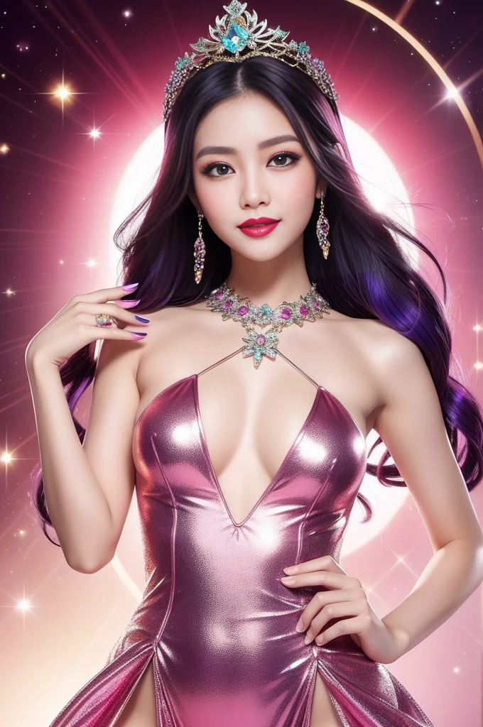 sexy Thai model who controls poison、beautiful smile、lip-gloss、bold lipstick、long lashes, metallic makeup、look at the camera、full body Esbian、、sparkling poisoned flower costume、、、、sparkling Colorful hair、secrete poison、skull hair accessories、sexy tights、shiny sparkling flowers background