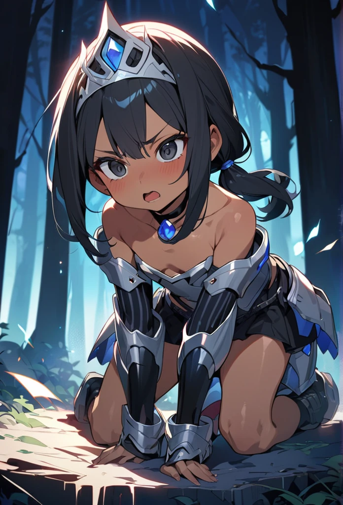 (anime style),masterpiece, best quality, extremely detailed,10Years old,tanned skin,dark skin, Beautiful body,small flat breasts,BREAK,multicolored colorful black hair,shaggy hair,long hair,long ponytails hair,BREAK,black eyes,black choker,dignified face,disgust,glare at,open mouth,detailed lips,,BREAK,with vertical stripes sweater,tiara,ripped Princess knight heavy armor,micro skirt,break,head tilt,in the woods Night,hands on breasts,up half knee,ivy clinging to the body,arching back,shackles and cords