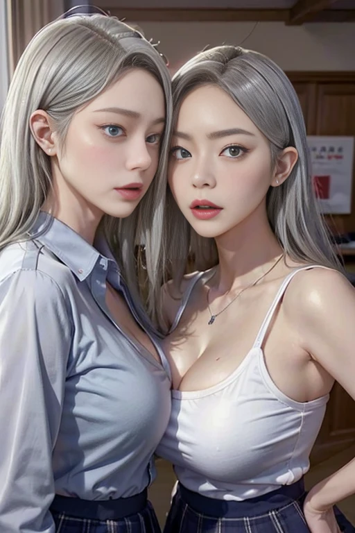 2人のBeauty, by 2 person, Long Hair, Huge Breasts ,Super big breasts、Cleavage View Viewer, Blue eyes、Balayage Hair, 、Realistic、Beauty、Selfie、Hug each other with  pressed together、Full nudity、Completely naked、