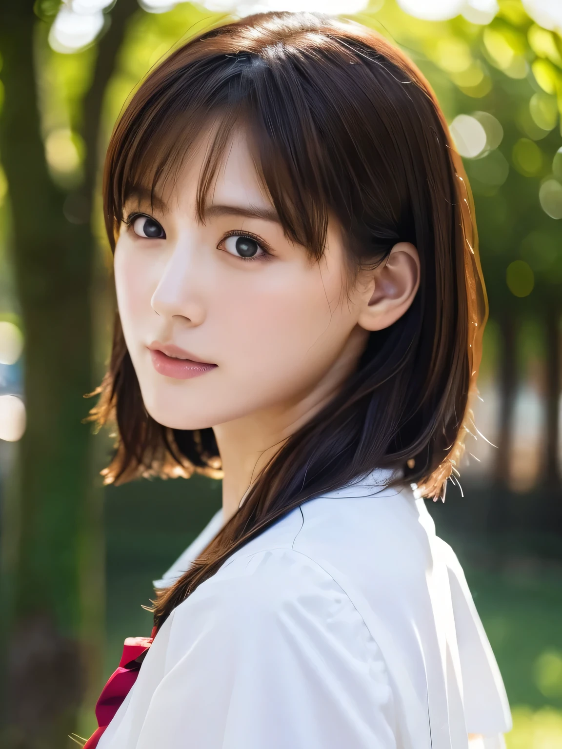 Top quality, 1 beautiful woman, Sunlight, ((masterpiece, Highest quality, High resolution)), (look back:1.3), 1 girl, (Realistic: 1.4), Great face, , Medium Hair, (Beautiful Hair:1.5), Sailor suit, The background is a school building, Side angle, (Close-up of face:1.3), Smooth, Highly detailed CG composite 8K wallpaper, High resolution RAW color photos, Professional photography, Light, BackLight, dream-like, impressive, Written boundary depth