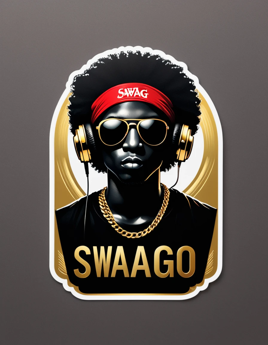 creative logo illustration sticker style of a silhouette ( half bady ) with afro hair, red bandana, golden headphone and golden sunglasses, golden chaine and shiny hand clock, (only three colors, black, golden, red) digital art work featuring the word ( SWAGG ) by dan mumford, carne griffith, alex janvier, high definition, negative space, set on a bright background, tshirts design