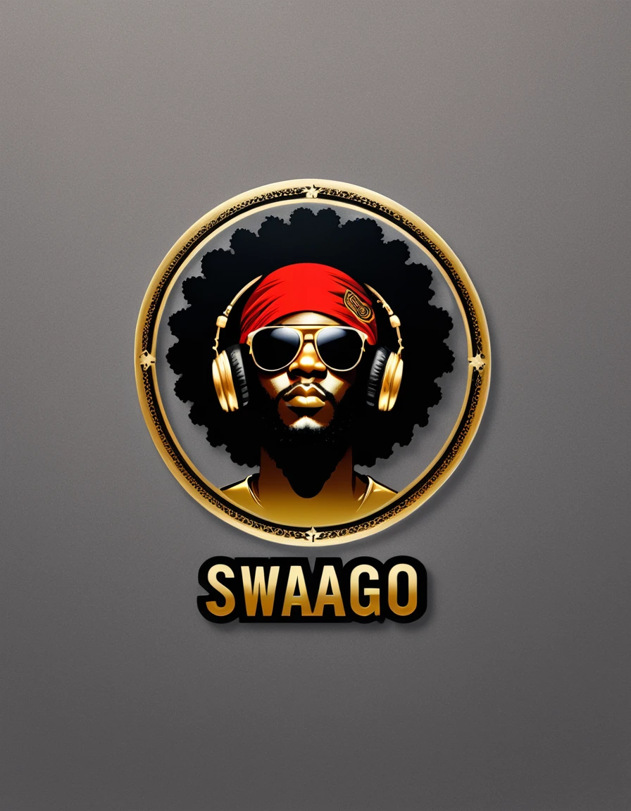 creative logo illustration sticker style of a silhouette ( half bady ) with afro hair, red bandana, golden headphone and golden sunglasses, golden chaine and shiny hand clock, (only three colors, black, golden, red) digital art work featuring the word ( SWAGG ) by dan mumford, carne griffith, alex janvier, high definition, negative space, set on a bright background, tshirts design