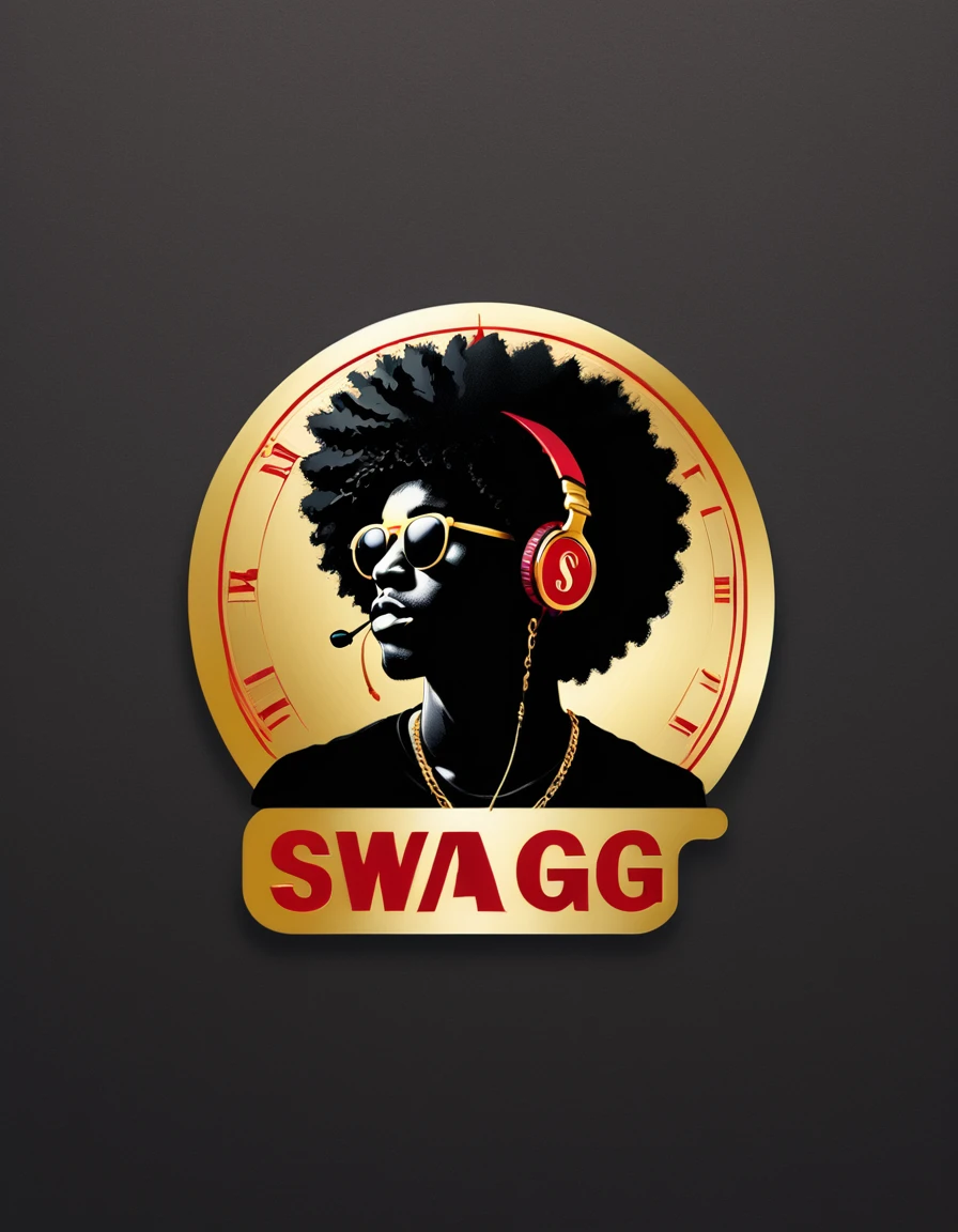 creative logo illustration sticker style of a silhouette ( half bady ) with afro hair, red bandana, golden headphone and golden sunglasses, golden chaine and shiny hand clock, (only three colors, black, golden, red) digital art work featuring the word ( SWAGG ) by dan mumford, carne griffith, alex janvier, high definition, negative space, set on a bright background, tshirts design