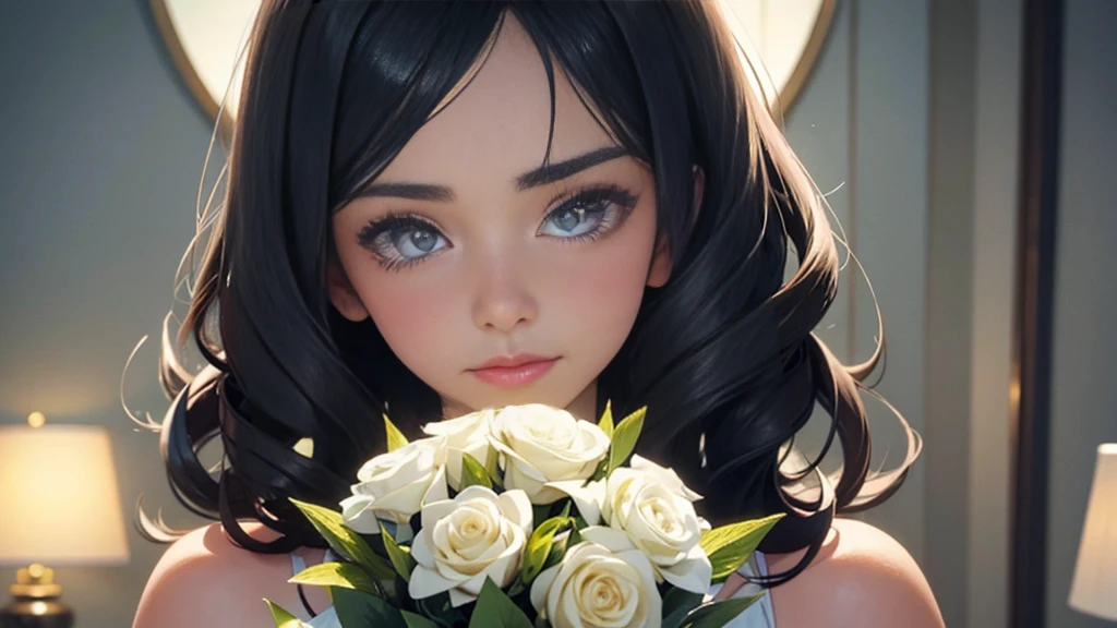 Woman and bouquet，She looked at me with such beautiful and kind eyes..Schneider Pastel Ink Details, Soft and wonderful, fluffy, (Very nice and beautiful), (Perfect detail)、(pastel colour),Soft texture:1.2.(Tabletop, Highest quality), (Beautiful, detailed eyes), (Detailed eyes and face),（Jet black silky hair), The colour is noticeably brighter.A faintly blurred silhouette