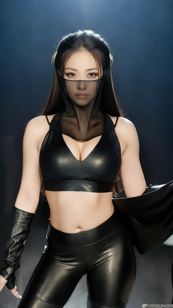 (lifelike, high - resolution:1.3),full body , 1 girl with a perfect body, Super fine face and eyes,slong hair, midriff of black colors:1.2, black shiny leggings,face veil, big boob,Expose cleavage, ninja pose, leather high heels.