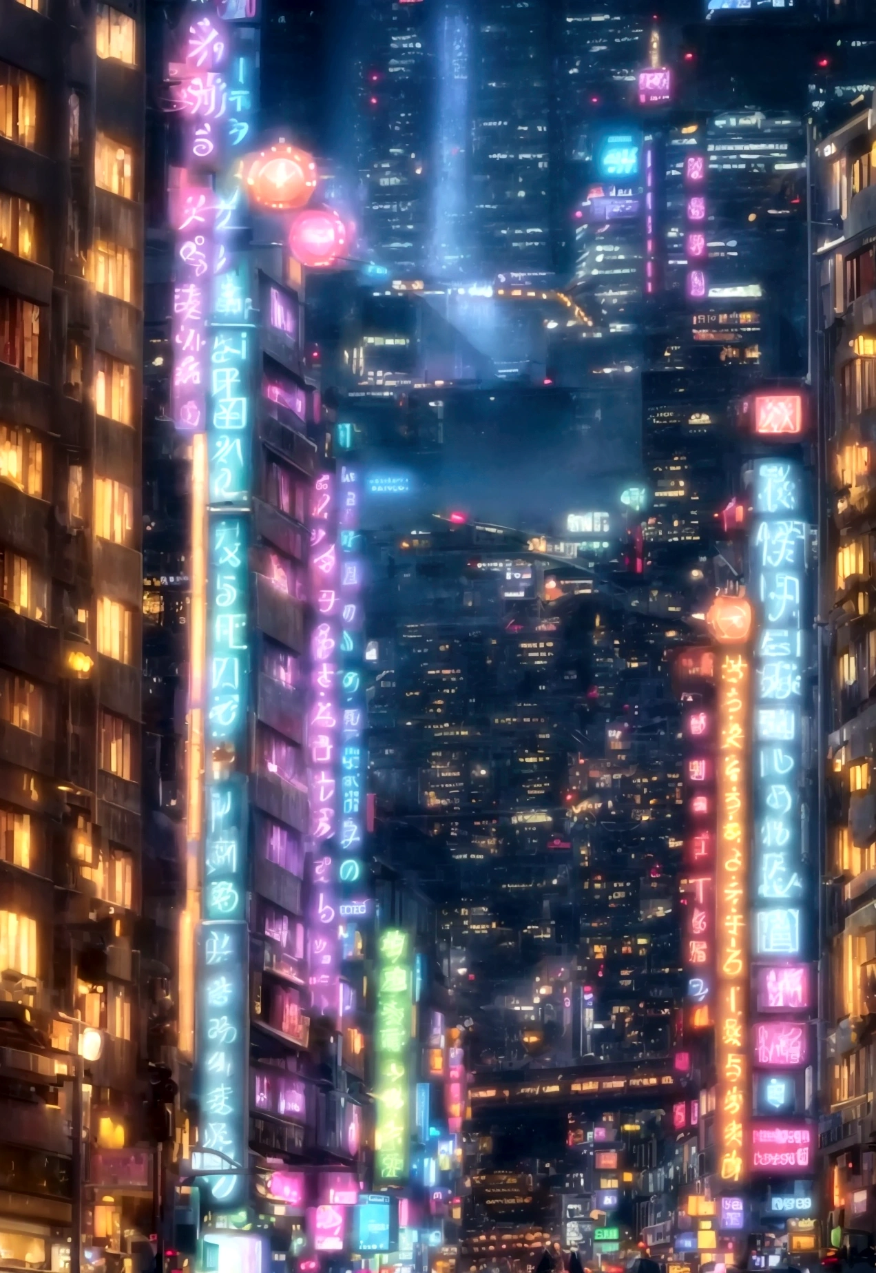 Night crowd Brilliant neon Buildings People passing by々
