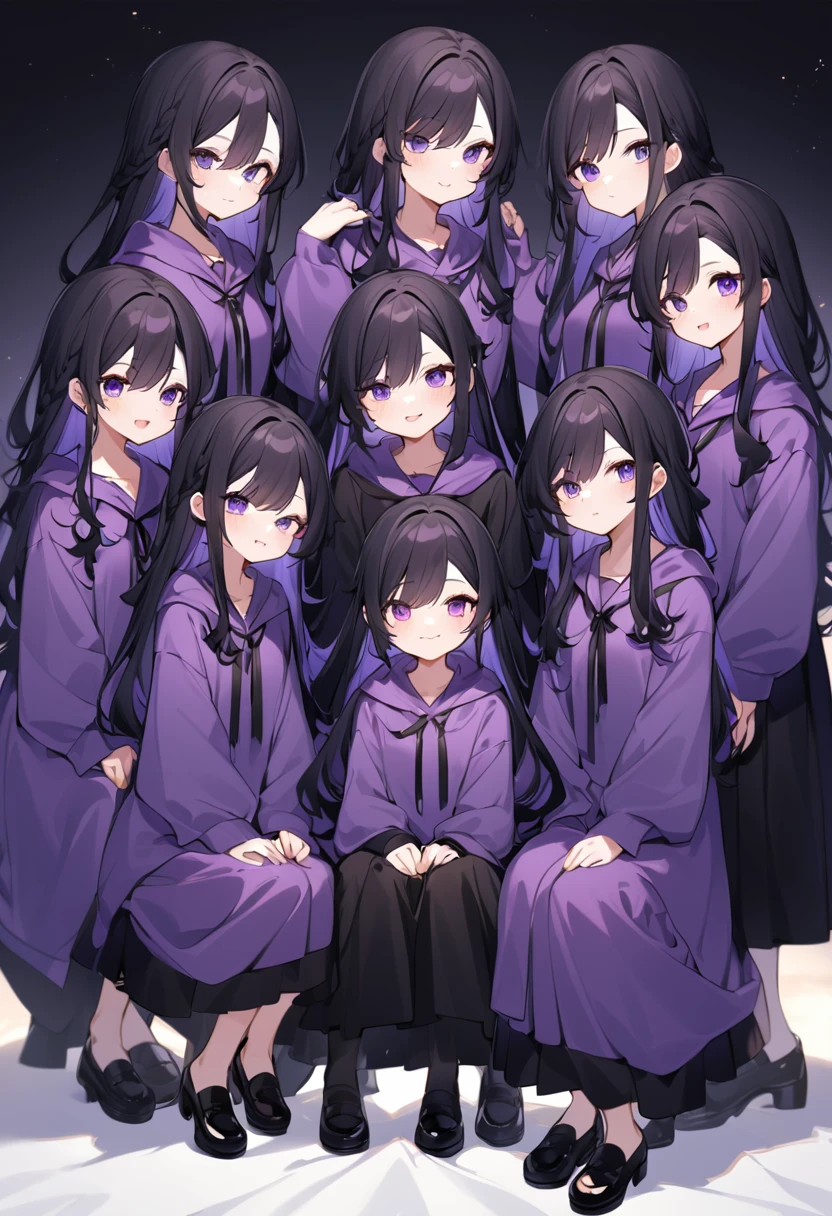 Keito。Purple hoodie。Black Skirt。Purple Eyes。Black Hair。Black shoes下。Black shoes。6 sistery eldest daughter has lavender hair.。all female。Sextuplets